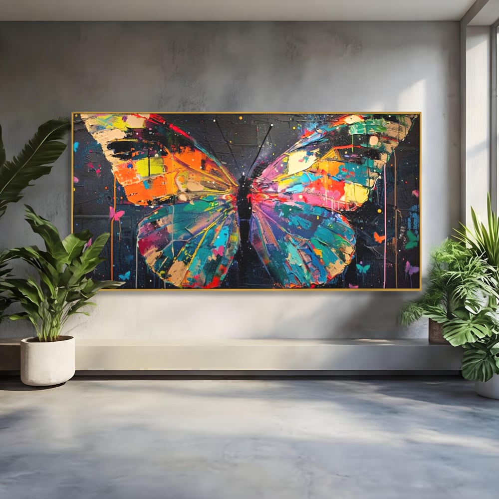 Tablou canvas cu tablou canvas cu fluture multicolor, in rama de aluminiu auriu